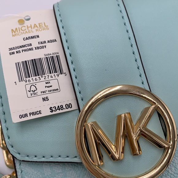 NWT MICHAEL KORS CARMEN SMALL NORTH SOUTH PHONE XBODY FAIR AQUA SIGNATURE COLOR - Picture 16 of 16